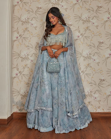 PRINTED BLUE TASSEL BLOUSE WITH SKIRT AND CAPE