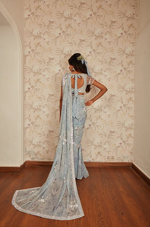 BLUE PRINTED SAREE WITH EMBELLISHED BLOUSE