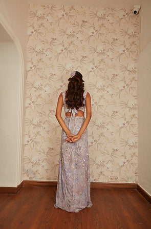 LILAC PRINT FISHTAIL SKIRT WITH EMBELLISHED BLOUSE AND CAPE
