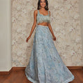 PRINTED BLUE TASSEL BLOUSE WITH SKIRT AND CAPE