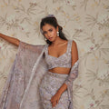 LILAC PRINT FISHTAIL SKIRT WITH EMBELLISHED BLOUSE AND CAPE