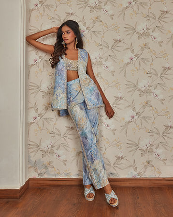 BLUE PRINTED BLAZER WITH TROUSER AND TOP